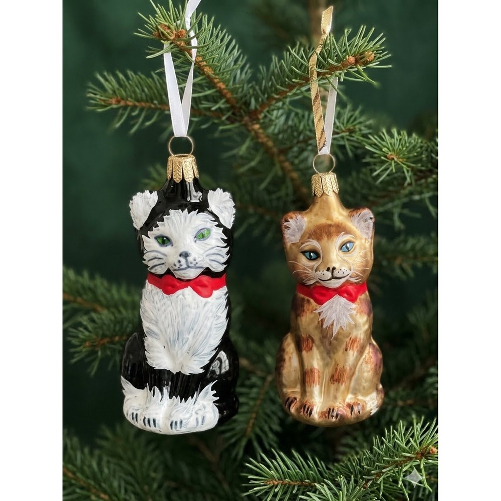 VTG German Blown Glass Cat Christmas Ornaments Tuxedo & Tabby Hand Painted